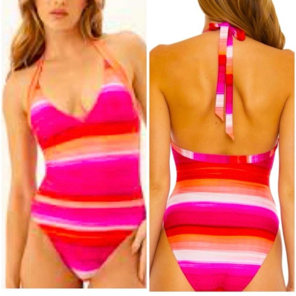 Trina Turk Solstice Pink Multi Halter Plunge Striped One Piece  SZ 14 vacay NWT - Picture 3 of 14